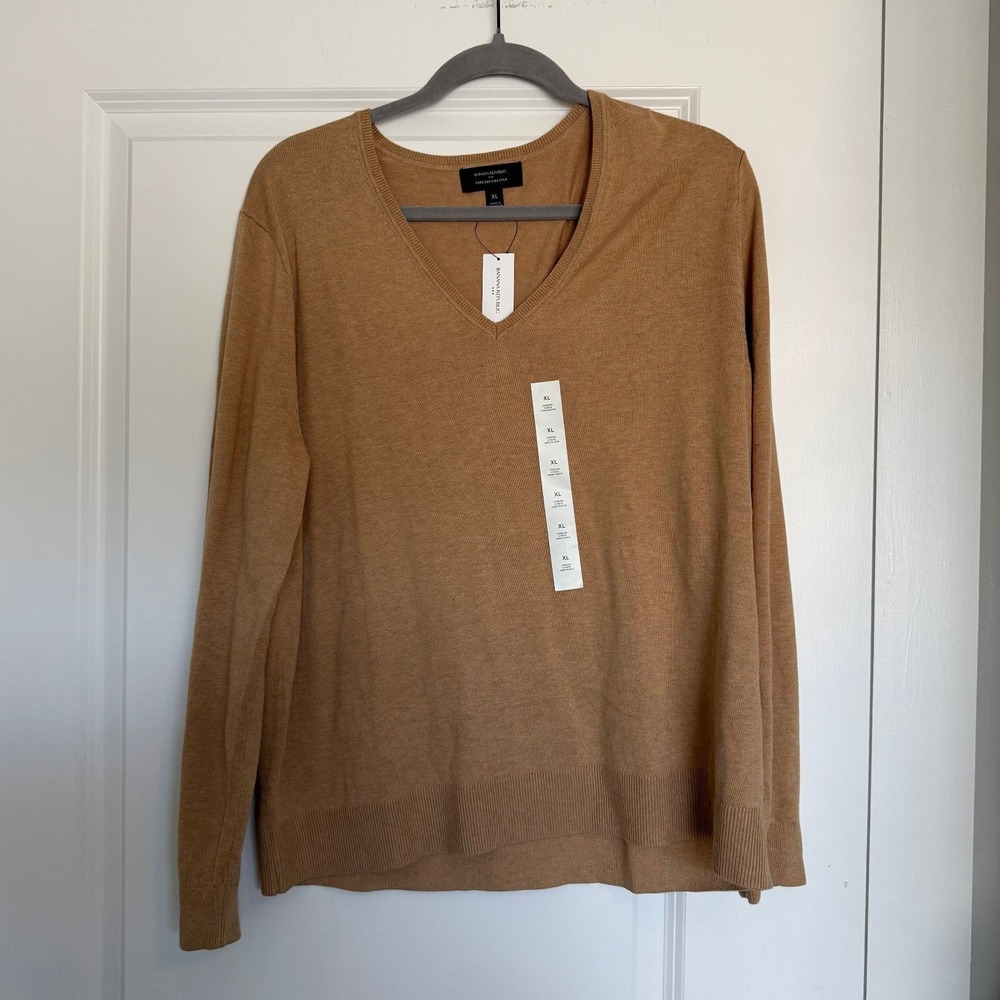 Banana Republic Forever V-Neck Sweater Camel Tan Cotton Rayon XL 480263-03-1